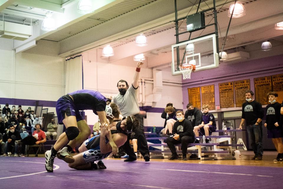Little Falls Mountie Mason Rowley, pictured competing in a Dec. 9, 2021, match against Dolgeville, won the 152-pound title and was named the most outstanding wrestler Saturday at Section III's Class C tournament.