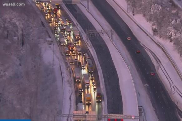 Traffic at a standstill on I-95 in Virginia after January 3, 2022 winter storm. / Credit: WUSA-TV