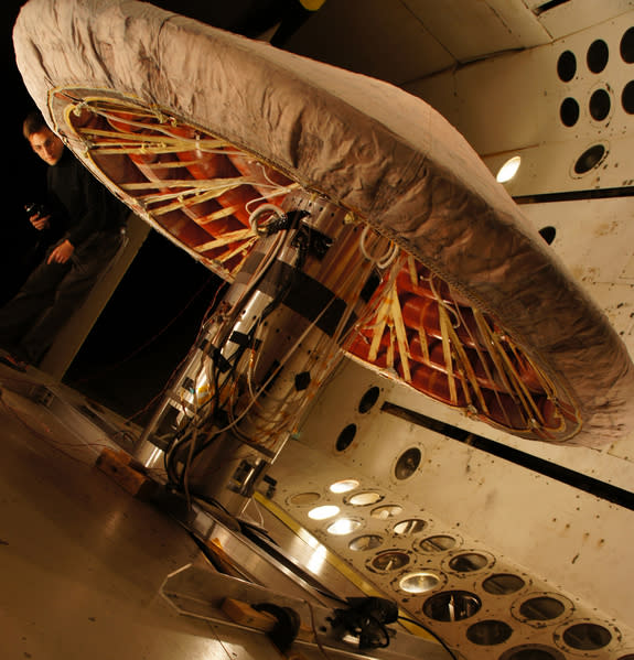 The IRVE-3 went through a complete inflation system test under vacuum conditions in the Transonic Dynamics Tunnel at NASA’s Langley Research Center in Hampton, Va. The Inflatable Re-entry Vehicle Experiment III launches on July 21, 2012.