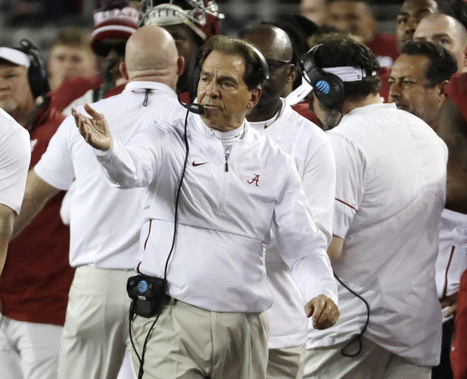 FILE -Alabama head coach Nick Saban reacts during the first half the NCAA college football playoff championship game against Clemson, Monday, Jan. 7, 2019, in Santa Clara, Calif. Nick Saban, the stern coach who won seven national championships and turned Alabama back into a national powerhouse that included six of those titles in just 17 seasons, is retiring, according to multiple reports, Wednesday, Jan. 10, 2024.(AP Photo/Chris Carlson, File)