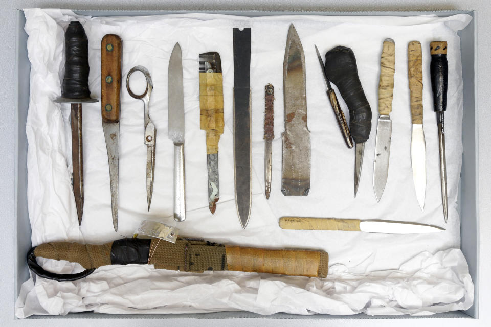 In this Tuesday, March 12, 2013 photo, shown examples of shanks made by inmates at the Eastern State Penitentiary in Philadelphia. The defunct and decayed prison that serves as one of Philadelphia's quirkiest tourist attractions, plans to displaying dozens of never-before-seen artifacts for 10 days only in a "pop-up museum." (AP Photo/Matt Rourke)