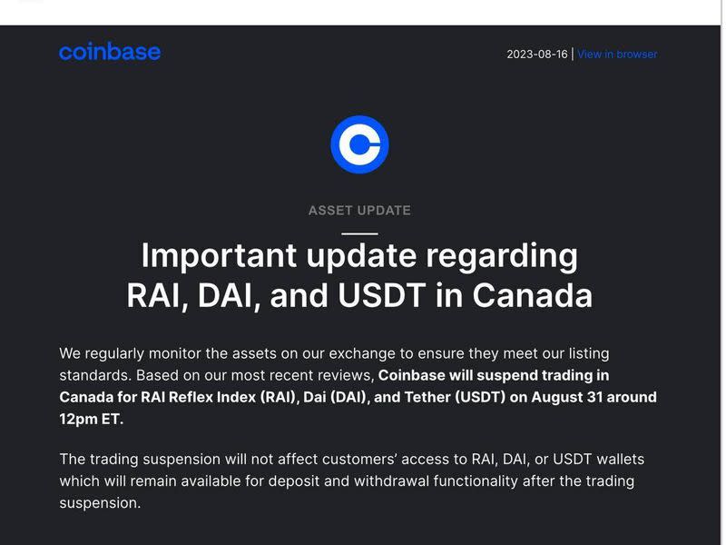 Coinbase's email to users in Canada (Coinbase)