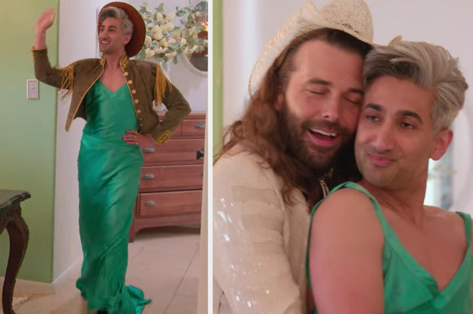 Tan tries on Terri's silk green dress, military jacket and bolero hat, and receives and embrace from Jonathan Van Ness