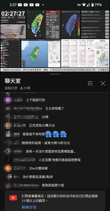 半夜狂搖，許多嚇醒的民眾湧入台灣地震監測YouTube，在線人數瞬間突破20萬。(圖／PTT)