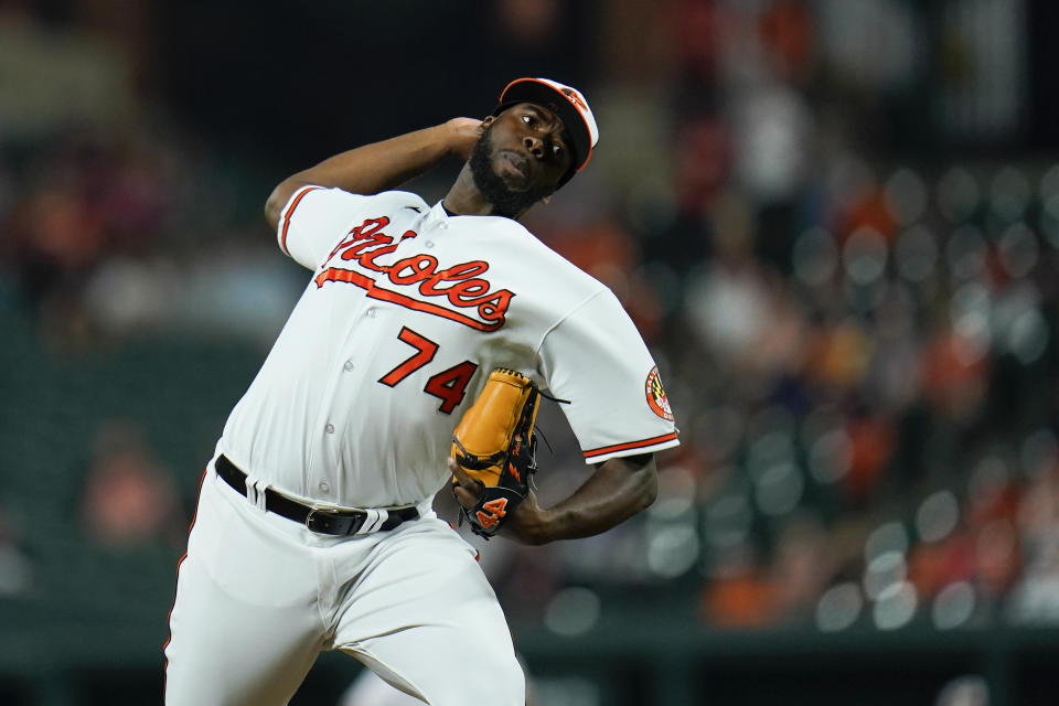 Baltimore Orioles relief pitcher Felix Bautista throws a pitch to the Cleveland Guardians during the ninth inning of a baseball game, Tuesday, May 30, 2023, in Baltimore. The Orioles won 8-5. (AP Photo/Julio Cortez)