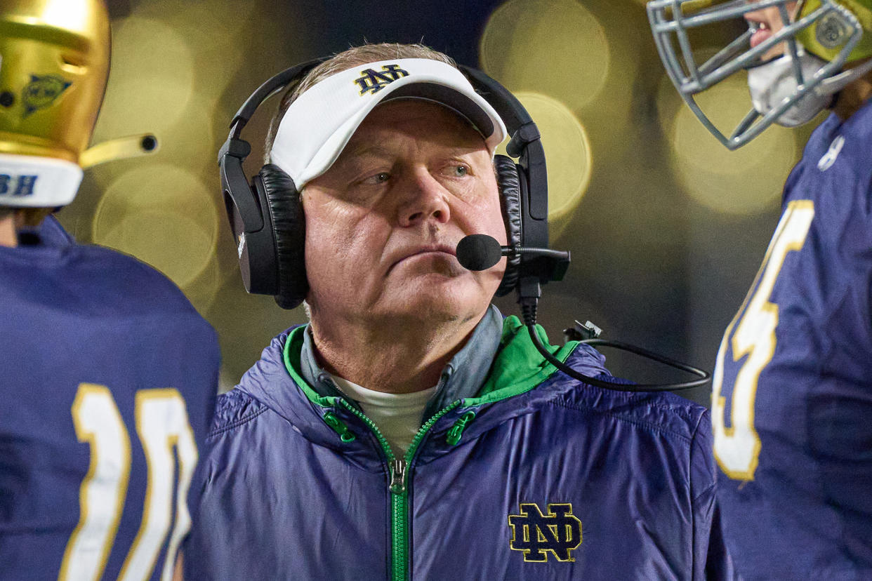 Notre Dame Fighting Irish head coach Brian Kelly looks on during a game between the USC Trojans and the Notre Dame Fighting Irish on October 23, 2021 at Notre Dame Stadium, in South Bend, IN. (Photo by Robin Alam/Icon Sportswire via Getty Images)