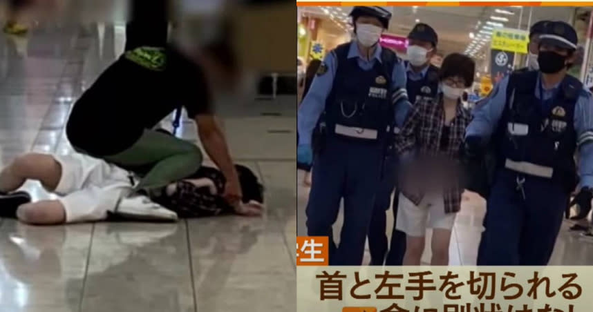 日本32歲女子在福岡市賣場隨機持刀砍傷13歲男童。（圖／翻攝自推特、KBC News）