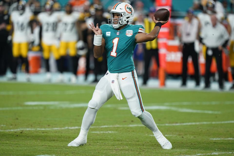 Miami Dolphins quarterback Tua Tagovailoa (1) aims a pass during the first half on Oct. 23 against the Pittsburgh Steelers in Miami Gardens.