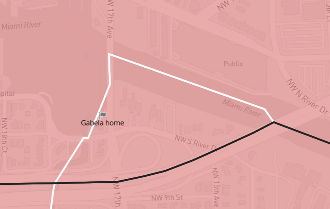 Commissioner Miguel Gabela’s home was drawn out of District 1 while he was running to be a commissioner for that district. The white line represents where the District 1 line was drawn in 2022, which included Gabela’s home, while the black line shows where the line was drawn in June of 2023, making Gabela’s home part of District 3.