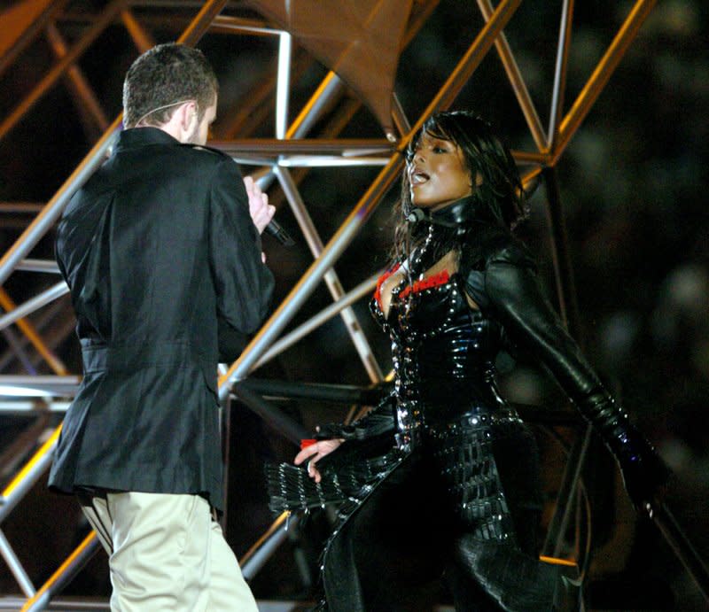 Janet Jackson performs with Justin Timberlake at Super Bowl XXXVIII half time show on February 1, 2004. File Photo by Pat Benic/UPI