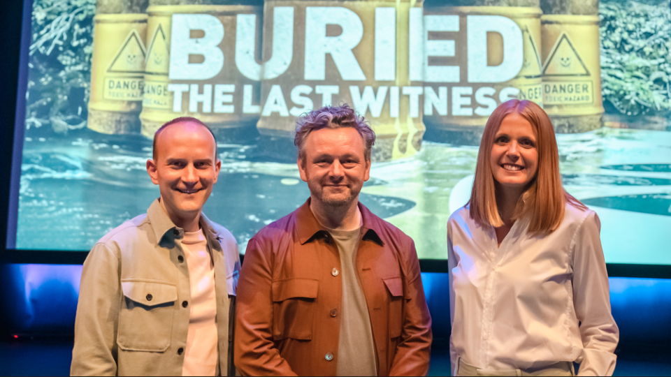 Michael Sheen with podcast producers Dan Ashby and Lucy Taylor
