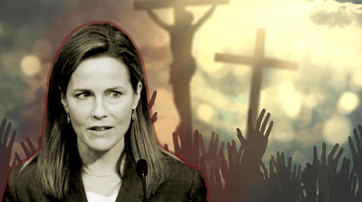 Judge Amy Coney Barrett (Photo illustration: Yahoo News; photos: Screengrab via Federalist Society YouTube, Getty Images)