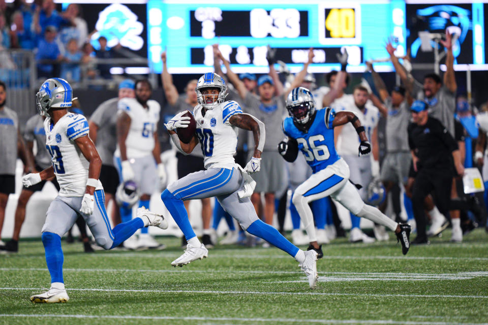 Detroit Lions wide receiver Antoine Green =runs for a touchdown against the Carolina Panthers during the first half of a preseason NFL football game Friday, Aug. 25, 2023, in Charlotte, N.C. (AP Photo/Jacob Kupferman)