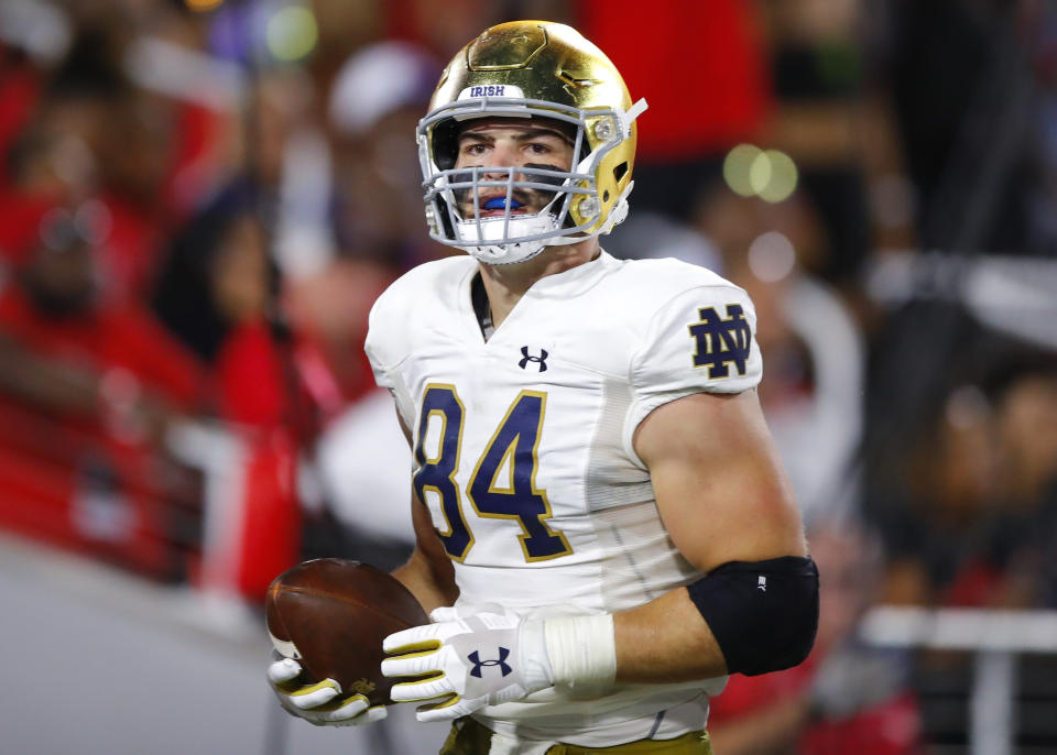 Notre Dame TE Cole Kmet showed some real NFL potential in his season debut at Georgia. (Getty Images)