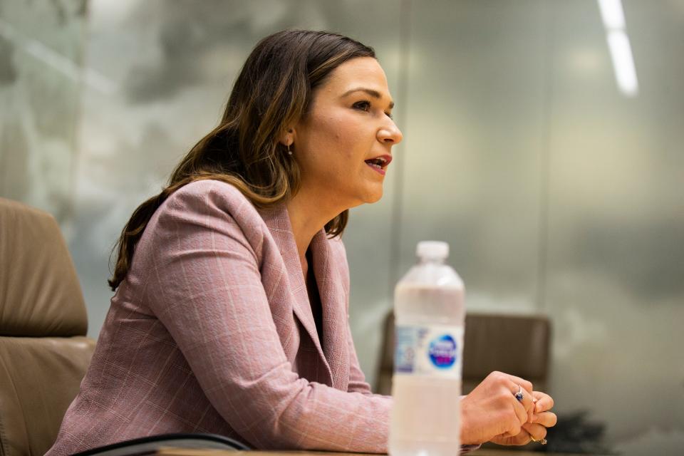 Democratic U.S. Senate candidate Abby Finkenauer speaks to Des Moines Register journalists Wednesday, May 18, 2022 in Des Moines.
