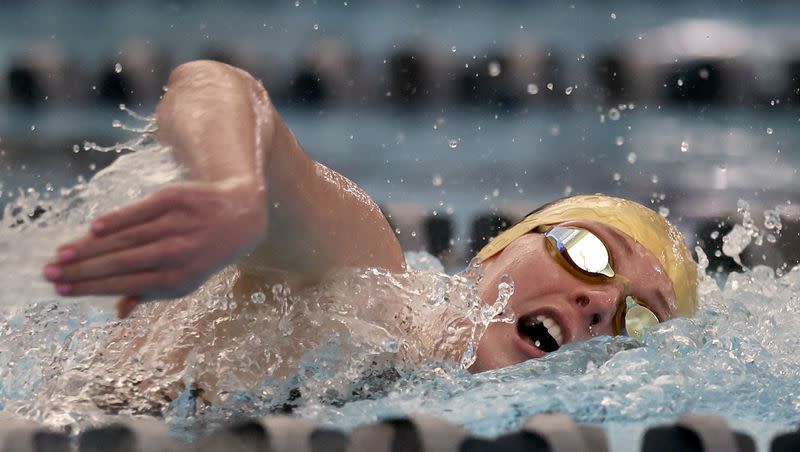 Lone Peak’s Haylee Tiffany competes in the 6A state swimming state championships at BYU in Provo on Saturday, Feb. 18 2023.