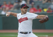 Cleveland Indians starting pitcher Aaron Civale delivers to a Detroit Tigers batter during the first inning of a baseball game in Cleveland, Saturday, April 10, 2021. (AP Photo/Phil Long)