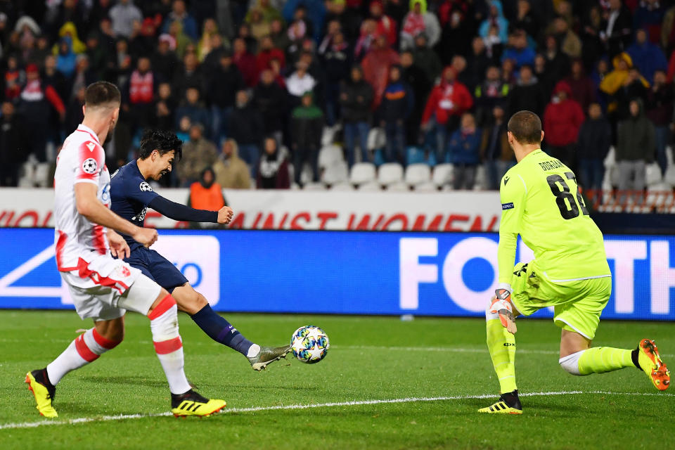 BELGRADE, SERBIA - NOVEMBER 06: Heung-Min Son of Tottenham Hotspur scores his team's second goal  during the UEFA Champions League group B match between Crvena Zvezda and Tottenham Hotspur at Rajko Mitic Stadium on November 06, 2019 in Belgrade, Serbia. (Photo by Justin Setterfield/Getty Images)