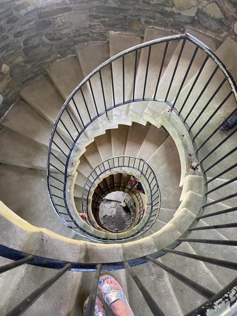 Inside Miantonomi Tower with toes on Memorial Day.