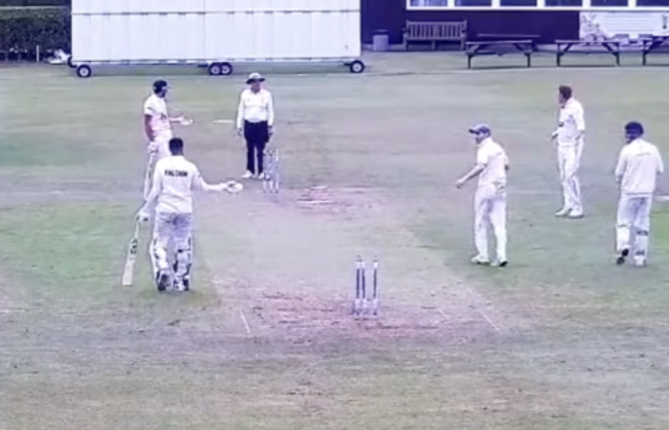 The batters of Sessay Cricket Club react to the dismissal  (Twitter/@DatFatCricketer)