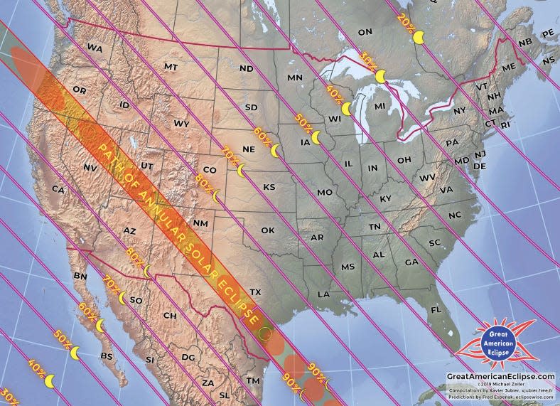 Map of where 2023 annular solar eclipse will happen in the US.