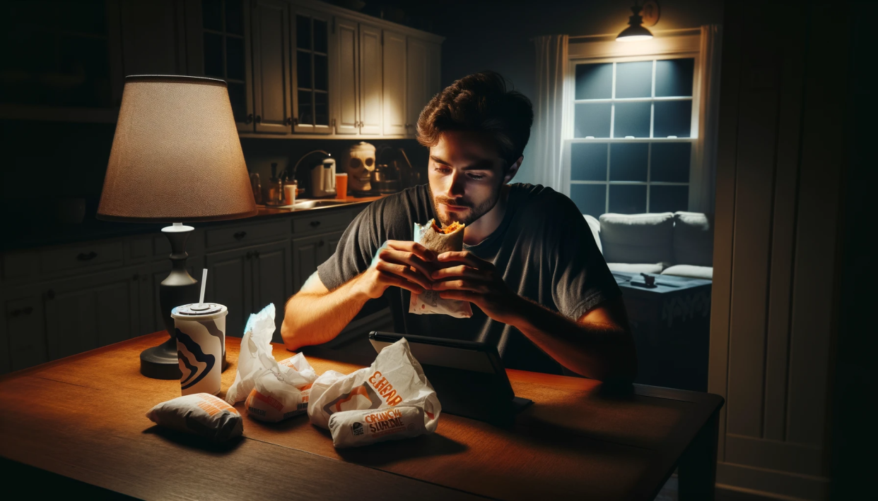 Person eating Taco Bell at night