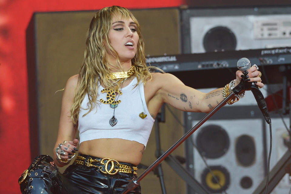GLASTONBURY, ENGLAND - JUNE 30:  Miley Cyrus performs live on the Pyramid stage during day five of Glastonbury Festival at Worthy Farm, Pilton on June 30, 2019 in Glastonbury, England. The festival, founded by farmer Michael Eavis in 1970, is the largest greenfield music and performing arts festival in the world. Tickets for the festival sold out in just 36 minutes as it returns following a fallow year. (Photo by Jim Dyson/Getty Images)
