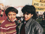 This November 1982 photo provided by the Kamala Harris campaign shows her, right, with Gwen Whitfield at an anti-apartheid protest during her freshman year at Howard University in Washington. (Kamala Harris campaign via AP)