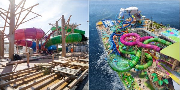 A collage of Royal Caribbean's Icon of the Seas Thrill Island's Category 6 water park and Royal Caribbean’s rendering of the space.