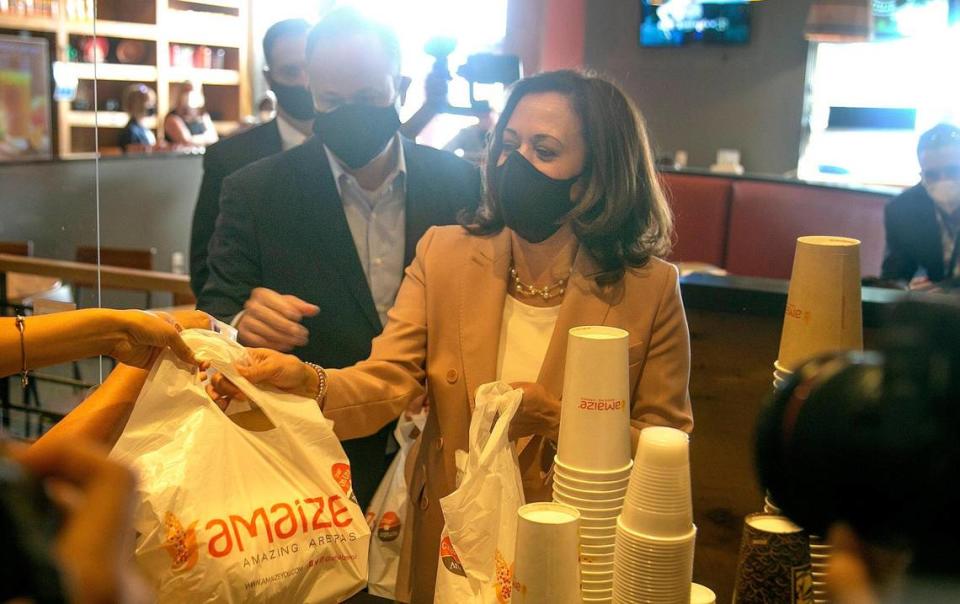 U.S. Senator Kamala Harris, running mate of Democratic presidential nominee Joe Biden and her husband Douglas Emhoff picked up an order during a visit to the Venezuelan restaurant Amaize in Doral on her way to Florida Memorial University in Miami Gardens to host a community conversation on challenges facing the African American community in South Florida, on Thursday, September 10, 2020.