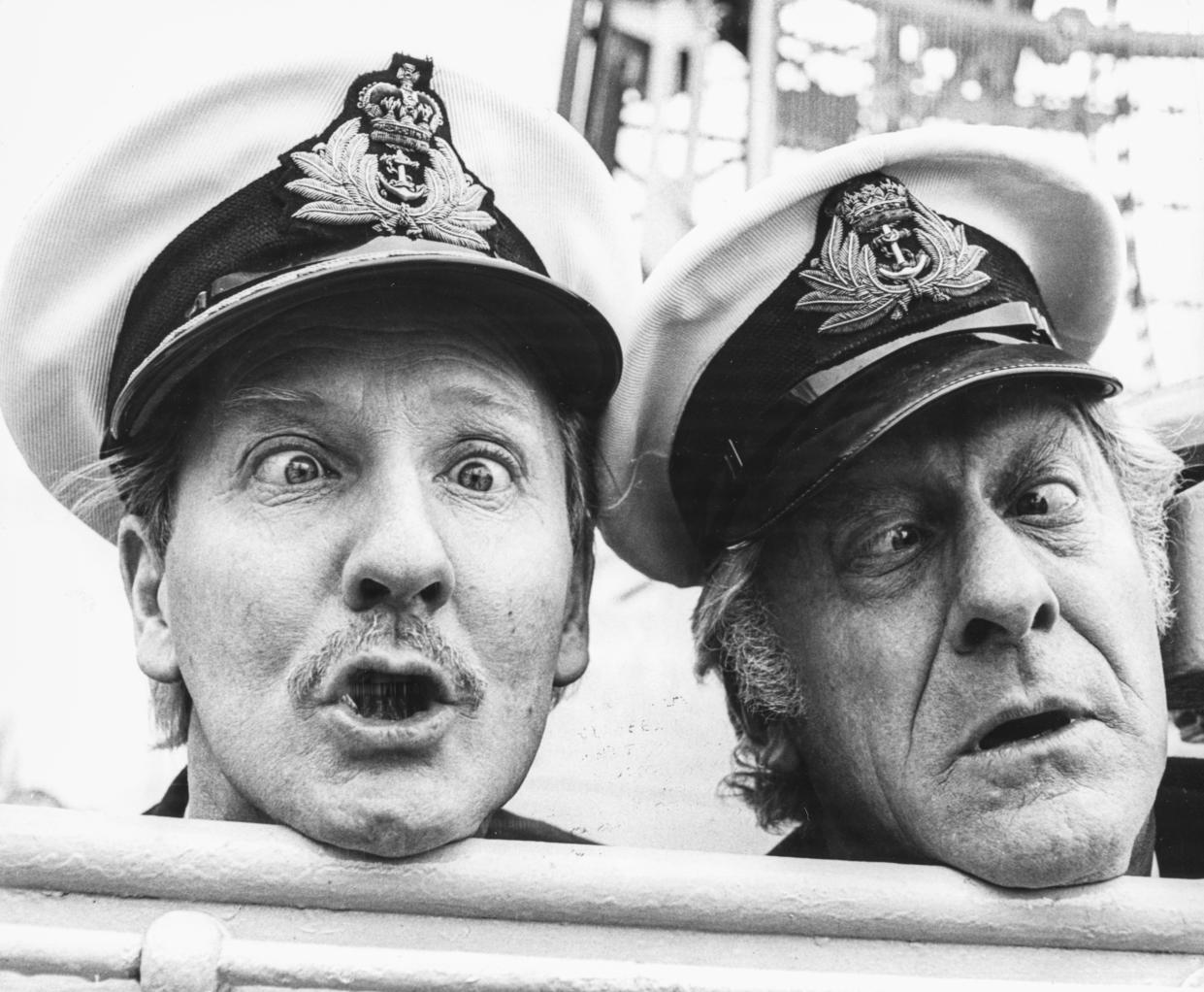 Image:  Leslie Phillips  and Jon Pertwee  promote their BBC radio show 'Navy Lark', at Tower Bridge, London on March 26, 1969. (Ian Showell / Getty Images)