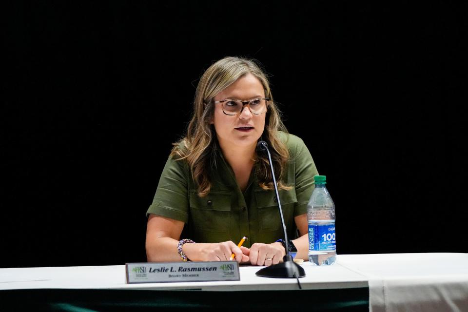 Leslie Rasmussen, a board member of Forest Hills Board of Education, speaks on Wednesday, June 28, 2023, during the Forest Hills Board of Education meeting at Mercer Elementary School in Cincinnati.