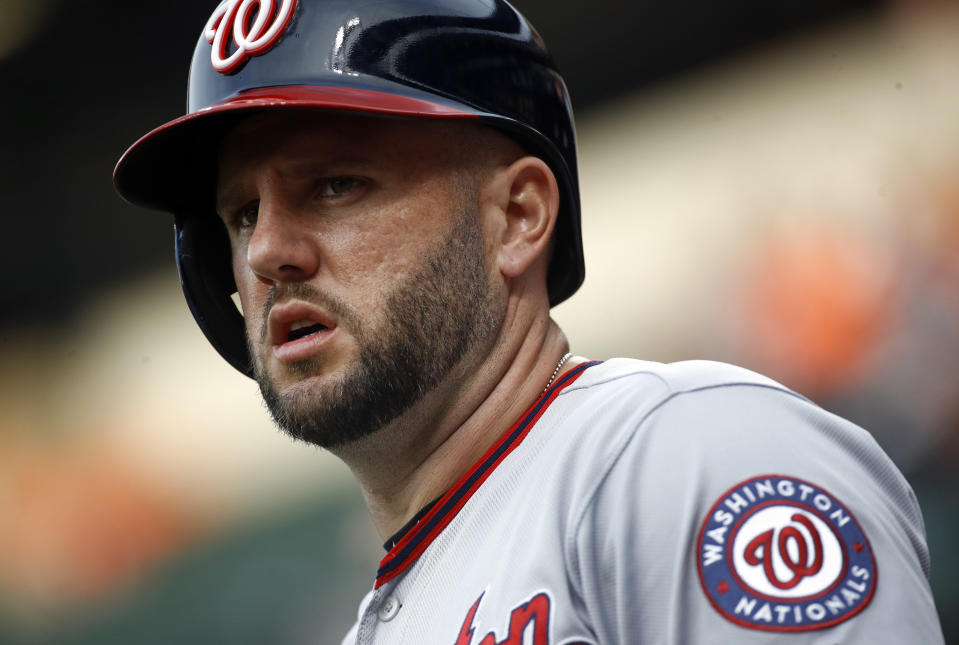 FILE - In this May 29, 2018, file photo, Washington Nationals' Matt Adams prepares for an at-bat during an interleague baseball game against the Baltimore Orioles, in Baltimore. The Nationals have traded second baseman Daniel Murphy to the Chicago Cubs and first baseman Matt Adams to the St. Louis Cardinals, essentially throwing in the towel on a disappointing season. The third-place Nationals announced the moves Tuesday, Aug. 21, 2018, before beginning a three-game series against the Philadelphia Phillies. (AP Photo/Patrick Semansky, File)