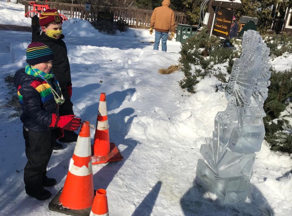 Zachary Wilkinson, front, and Caden Wilkinson inspect the ice sculpture Jan. 22 at the Winter Living Celebration at Rogers Environmental Education Center in Sherburne.