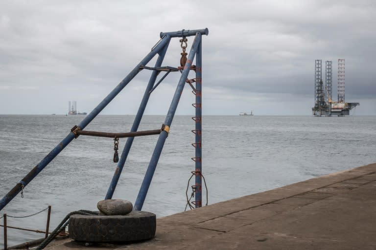 An off-shore oil rig is seen on August 22, 2016 off the coast of Port-Gentil