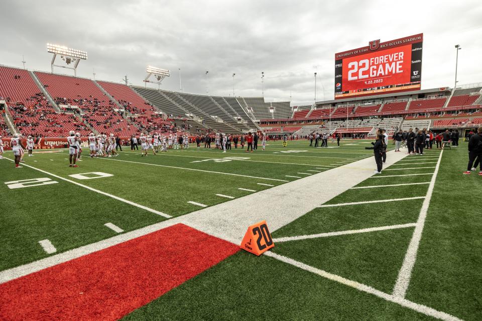 The University of Utah football team prepares to play in the 22 Forever Game at Rice Eccles Stadium in Salt Lake City on Saturday, April 22, 2023. the white team won 38-28 over the red. | Scott G Winterton, Deseret News