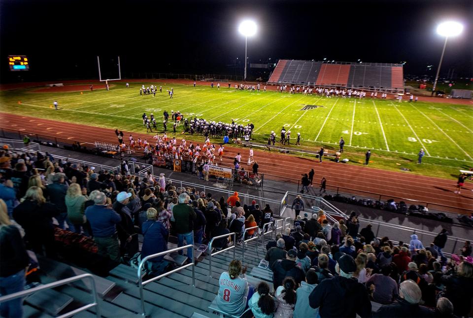 View from the newly completed stands, during the Friday night high school football game between Pennsbury and Abington, held at Pennsbury High School’s renovated stadium, Friday, Oct. 21, 2022.