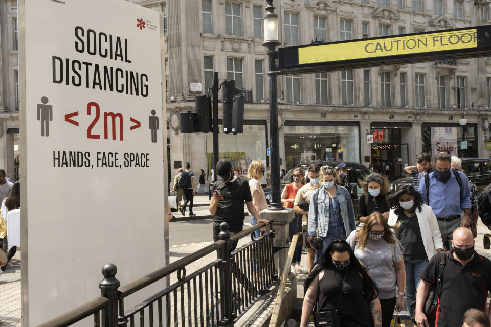 Social distancing signs are still in place outside Oxford Circus station on Oxford Street as the national coronavirus lockdown three eases towards the planned 'Freedom Day' on 22nd July 2021 in London, United Kingdom. Now that the roadmap for coming out of the national lockdown and easing of restrictions is set, dome medical professionals are suggesting thatsome safety measures are kept in place because of the increase in the Delta variant. (photo by Mike Kemp/In Pictures via Getty Images)