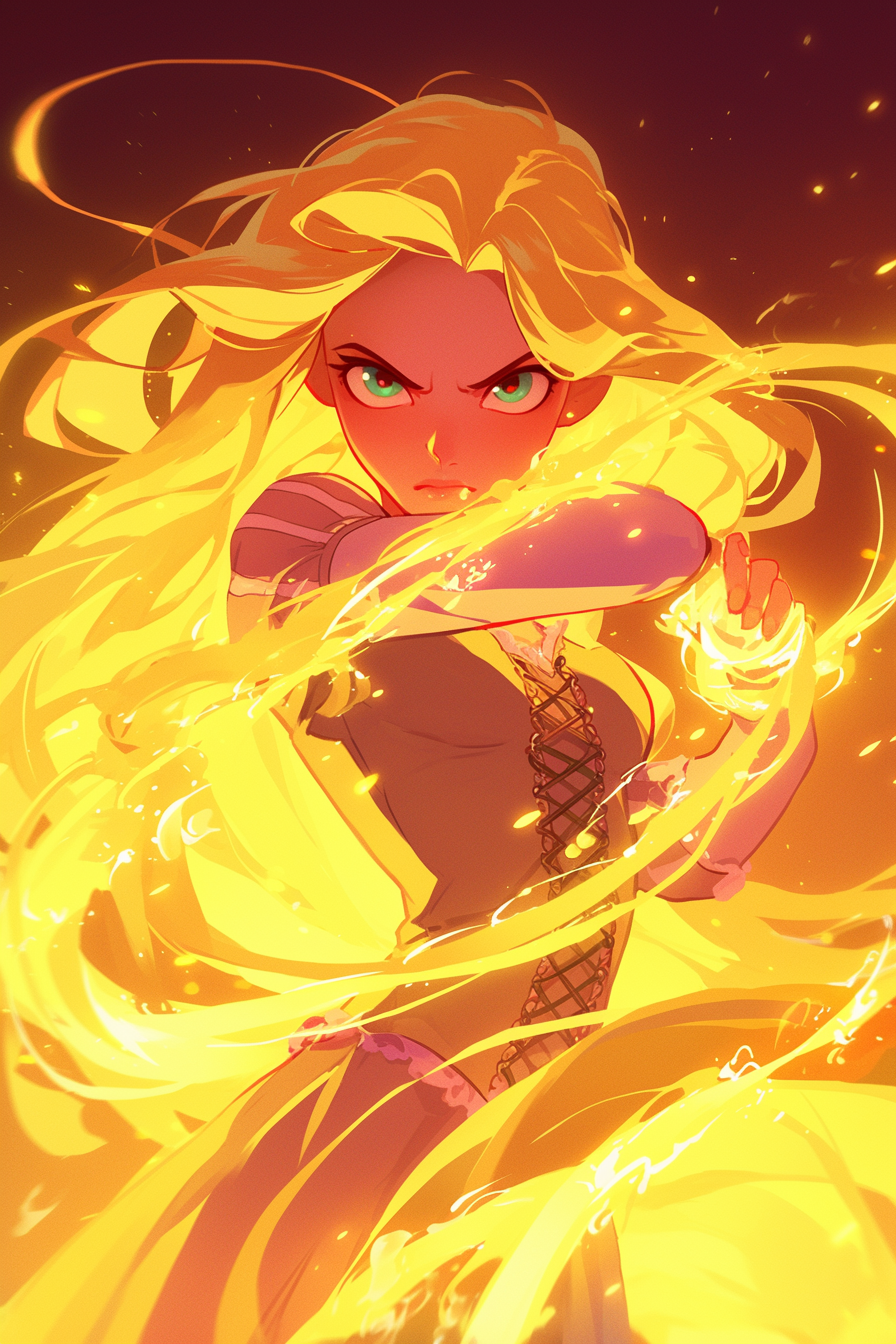 Illustration of Rapunzel from Tangled, in a fighting pose with glowing hair swirling around her