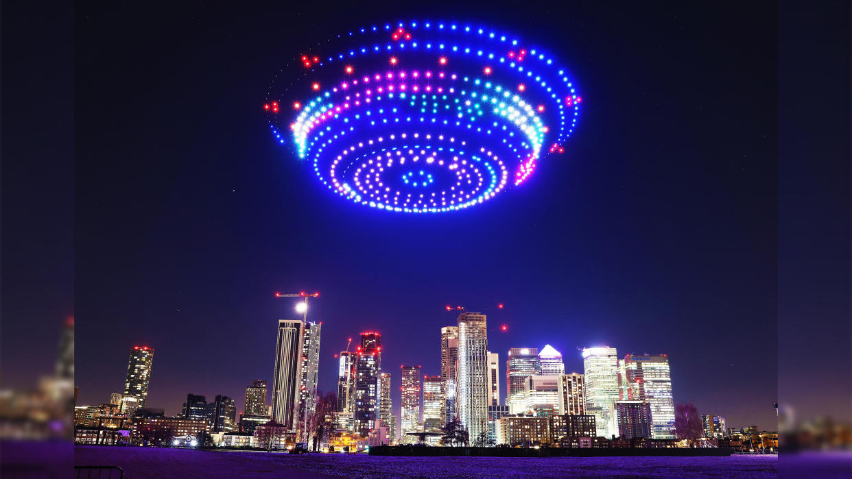  550 drones form UFOs, planets and phones in the sky above London, at the Samsung Galaxy S24 launch event. 