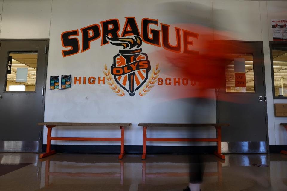 Students arrive back for in-person learning at Sprague High School in Salem, Oregon, on Thursday, April 15, 2021.