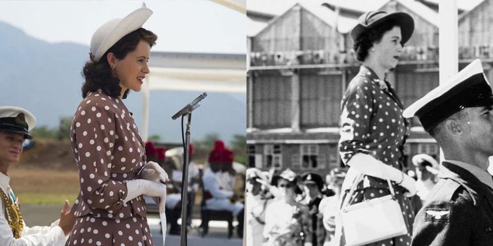 <p>Queen Elizabeth's solo tour of Kenya was a huge milestone for the young royal. For her arrival in Nairobi, Elizabeth wore a brown polka dot dress with a peplum waist. The show recreated the look exactly, down to the white handbag she carried. </p><p><strong>RELATED</strong>: <a href="https://www.goodhousekeeping.com/life/entertainment/a34619774/queen-elizabeth-life-lessons-health-new-book/" rel="nofollow noopener" target="_blank" data-ylk="slk:12 Life Lessons Queen Elizabeth Follows for Good Health;elm:context_link;itc:0;sec:content-canvas" class="link ">12 Life Lessons Queen Elizabeth Follows for Good Health</a></p>