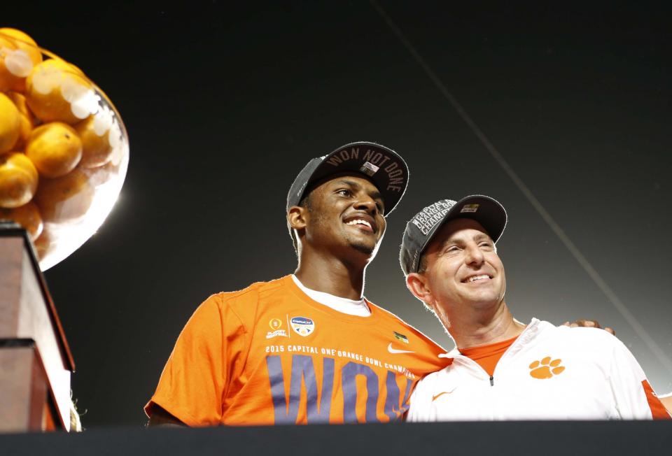 Clemson quarterback Deshaun Watson and head coach Dabo Swinney. (AP Photo/Joe Skipper)