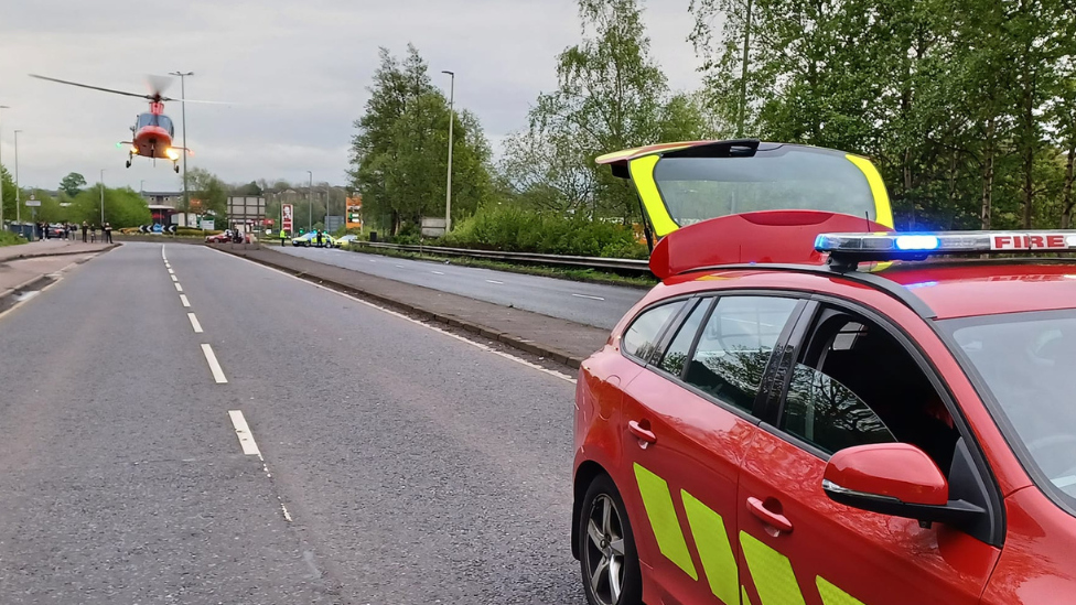 Air ambulance and fire car at Ballymena crash