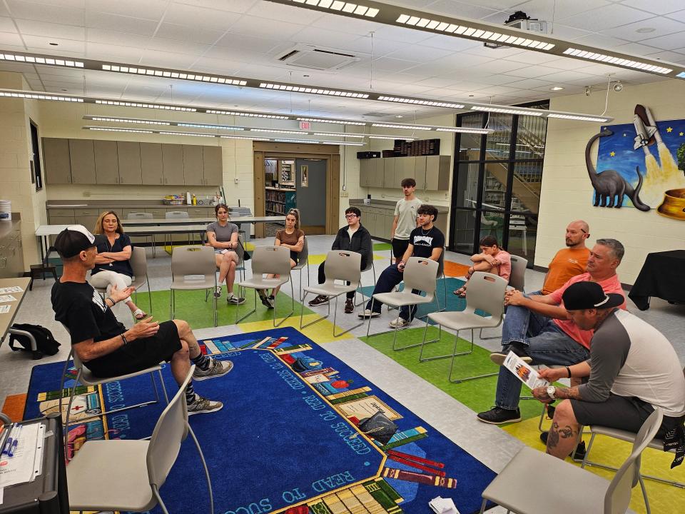 Travis Aucoin, founder of Ocean View Skatepark Association, meets with Thibodaux residents and explains how to organize and advocate for a skatepark, Thursday, April 25. It was the first meeting of the Thibodaux Skate Space.