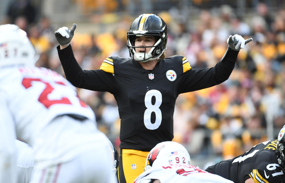 Dec 3, 2023; Pittsburgh, Pennsylvania, USA; Pittsburgh Steelers quarterback Kenny Pickett (8) makes a play against the <a class="link " href="https://sports.yahoo.com/nfl/teams/arizona/" data-i13n="sec:content-canvas;subsec:anchor_text;elm:context_link" data-ylk="slk:Arizona Cardinals;sec:content-canvas;subsec:anchor_text;elm:context_link;itc:0">Arizona Cardinals</a> during the second quarter at Acrisure Stadium. Mandatory Credit: Philip G. Pavely-USA TODAY Sports