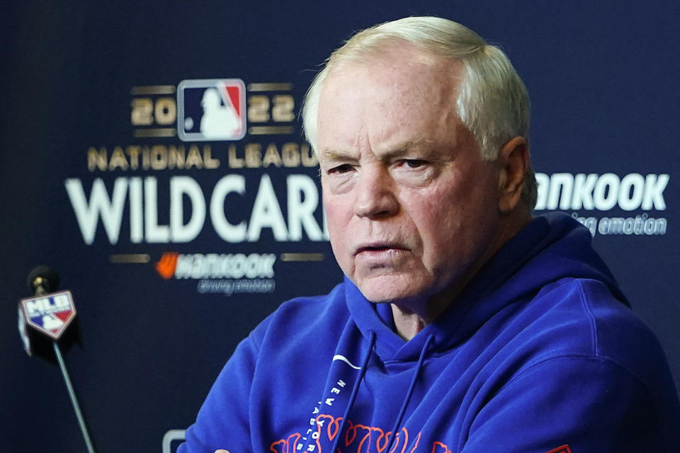 New York Mets manager Buck Showalter answers questions during a press conference before Game 2 of a National League wild-card baseball playoff series against the San Diego Padres, Saturday, Oct. 8, 2022, in New York. (AP Photo/Frank Franklin II)