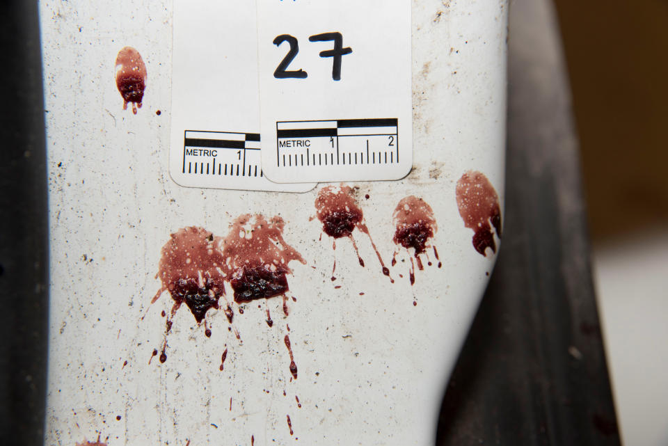 Bloodstains are seen next to a marker in the car of Philando Castile.&nbsp;