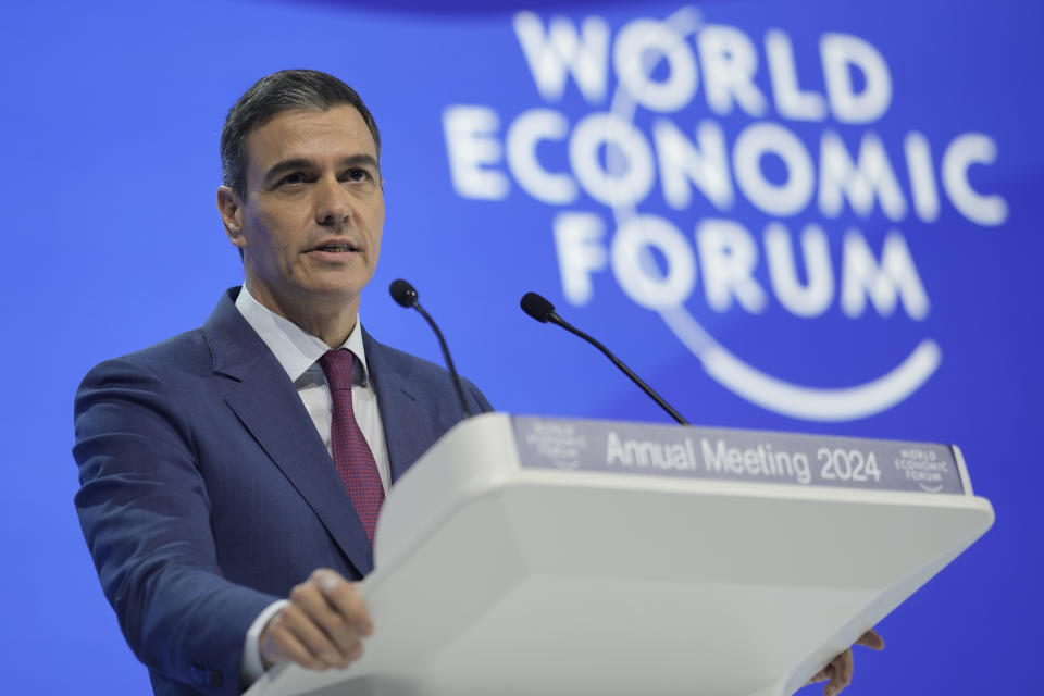 Pedro Sanchez, Spains Prime Minister delivers his speech at the Annual Meeting of World Economic Forum in Davos, Switzerland, Wednesday, Jan. 17, 2024. The annual meeting of the World Economic Forum is taking place in Davos from Jan. 15 until Jan. 19, 2024.(AP Photo/Markus Schreiber)