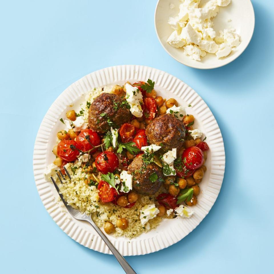 <p>These richly spiced meatballs get a fresh, flavorful topping of parsley and crumbled feta. Serve with couscous, or swap in a crunchy chopped salad for an even lighter dinner option. </p><p>Get the <strong><a href="https://www.goodhousekeeping.com/food-recipes/easy/a32036015/moroccan-meatballs-recipe/" rel="nofollow noopener" target="_blank" data-ylk="slk:Moroccan Meatballs recipe" class="link ">Moroccan Meatballs recipe</a></strong>. </p>
